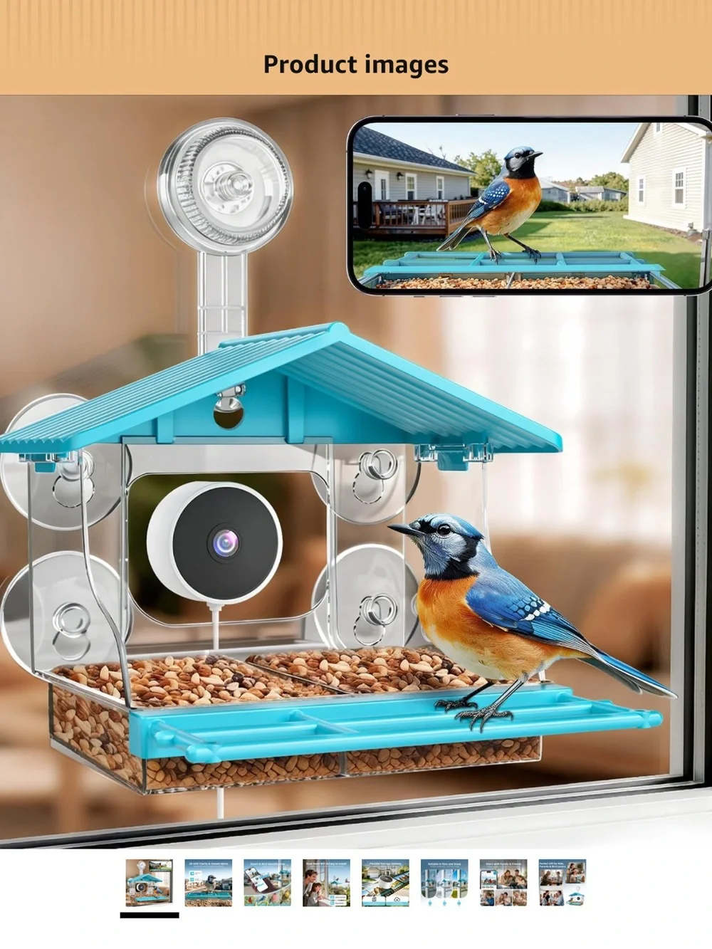 Window-Mount Bird Feeder with Camera - Blue NWT